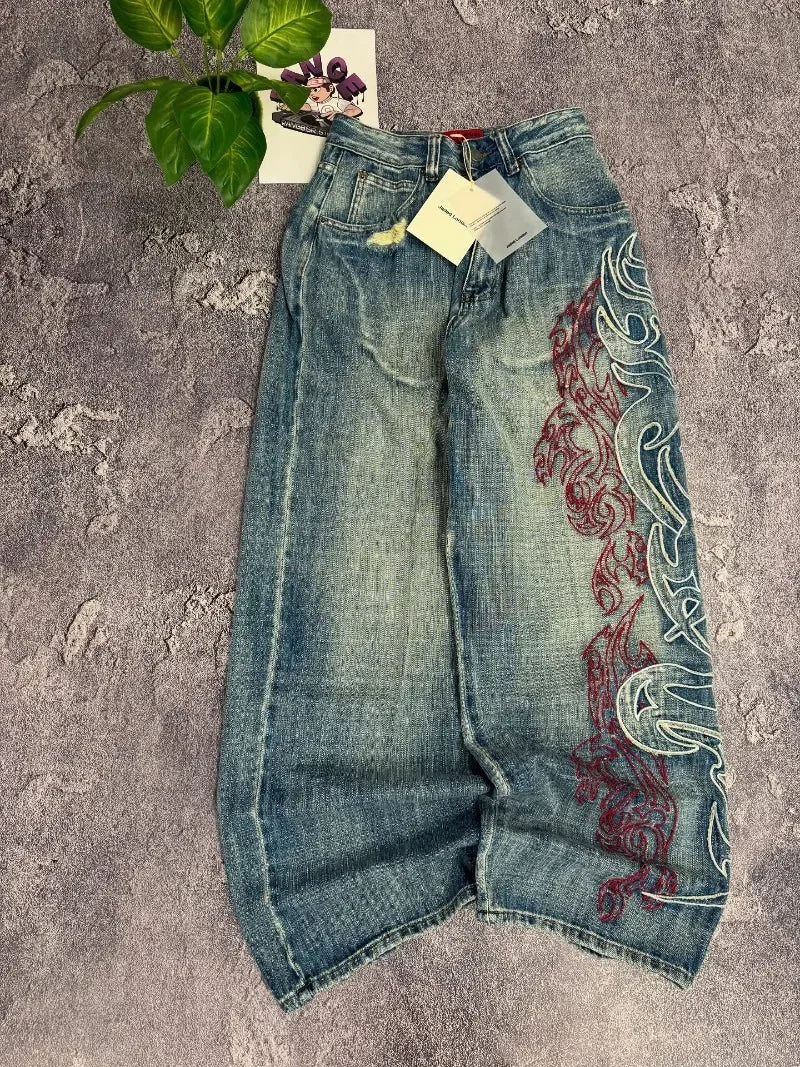 Y2K Flame Embroidered Baggy Jeans